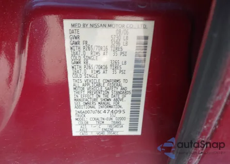 2006 Nissan Frontier Se z USA, uszkodzony, nr VIN 1N6AD07U76C474095